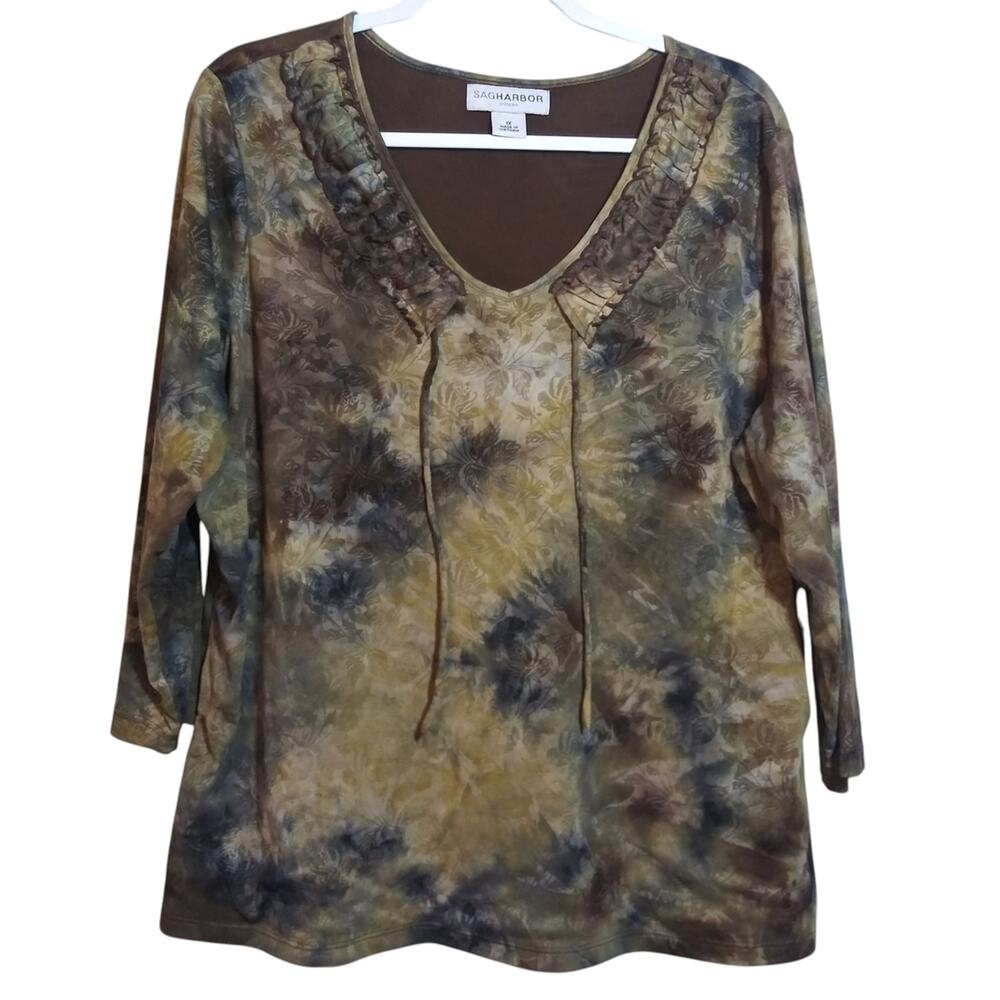 Sag Harbor Neutral Stretch Mesh Ruffle Trim Blouse Top Boho Size 1X